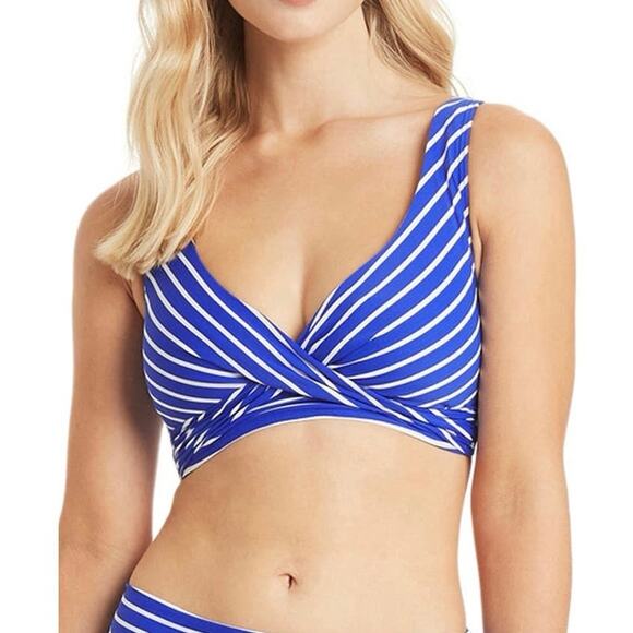 Sea Level Swim Crossover Cobalt Blue Stripe Bikini Swimsuit Swim Top women M new - Picture 1 of 12